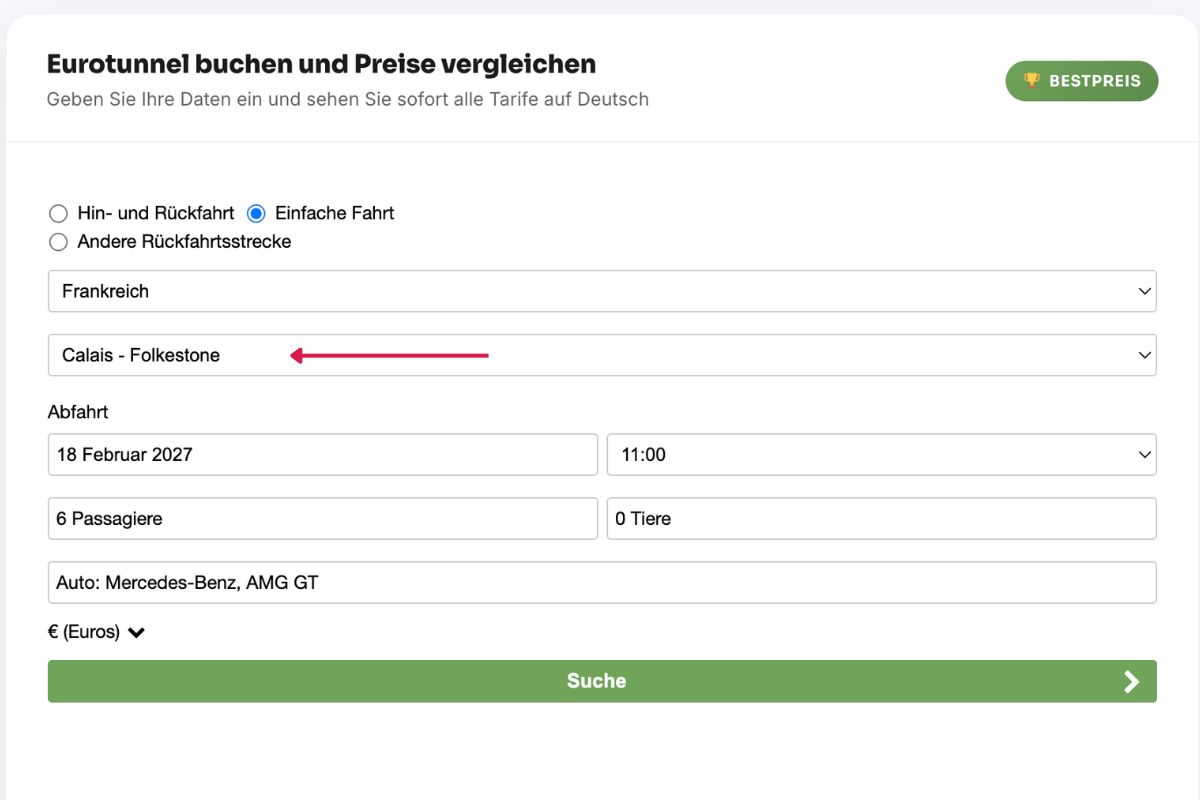 Eurotunnel Tickets auf Deutsch buchen im DirectFerries Vergleichsmodul