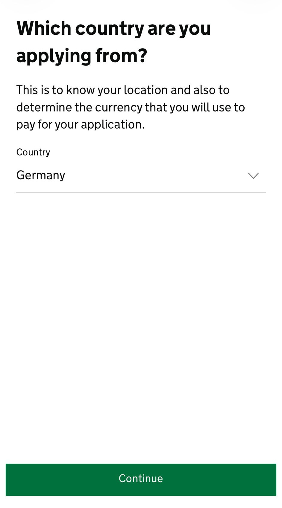 Die ETA-App fragt nach dem Land, aus dem der Antrag gestellt wird, hier Deutschland