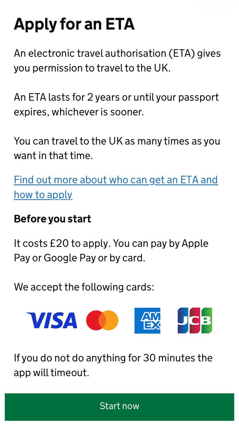 Die UK-ETA-App zeigt die Gebühr von 20 Pfund und die Gültigkeit von zwei Jahren