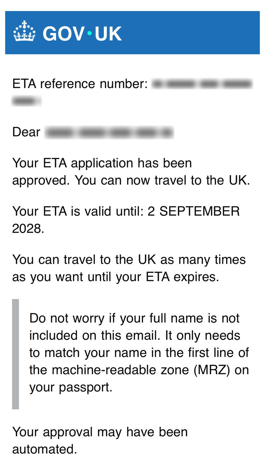 E-Mail von GOV.UK mit der Genehmigung der ETA für England